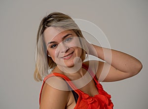 Portrait of an attractive woman with happy and smiling face. In beauty, model and fashion concept