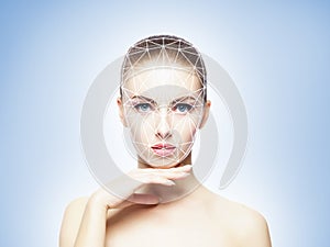 Portrait of attractive woman with a scnanning grid on her face. Face id, security, facial recognition, future technology