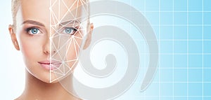 Portrait of attractive woman with a scnanning grid on her face. Face id, security, facial recognition, future technology