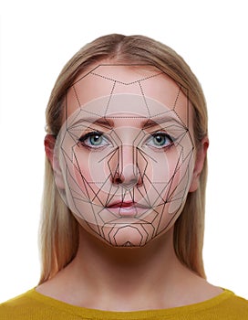 Portrait of attractive woman with a scnanning grid on her face. Face id, security, facial recognition, future technology