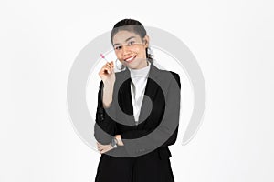 Portrait of attractive young Asian business woman having idea posing on white isolated background