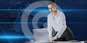 Portrait of attractive young european busiesswoman at desktop with laptop on blurry blue breaking news pattern background.