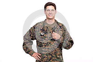 Portrait of an attractive young military doctor with hand on hip