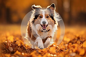 portrait of australian shepherd dog running in the autumn park, Border collie dog running in the autumn meadow. Pet animals, AI