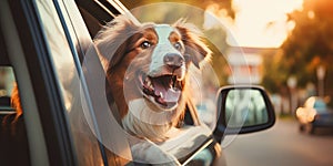 Portrait of Australian Shepherd dog sitting in car and looking out the window