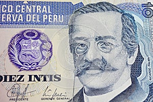 Portrait of author Ricardo Palma on 80s peruvian Intis currency banknote