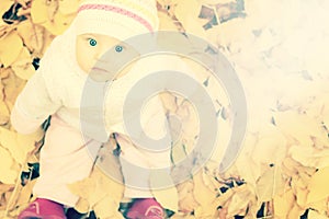 Portrait of baby at autumn park with yellow leaves background