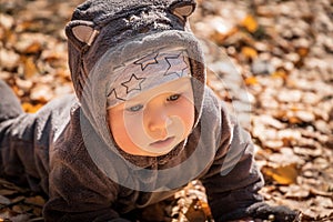 Portrait of baby boy in funny jumpsuit with ears on autumn leaves