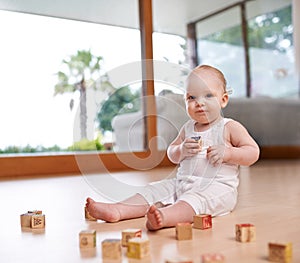 Portrait, baby and building blocks toy on a floor for fun, learning and playing in his home. Face, child and little boy