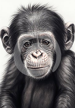 Portrait of a baby chimpanzee, pencil drawing, black and white digital illustration, of an ape, monkey