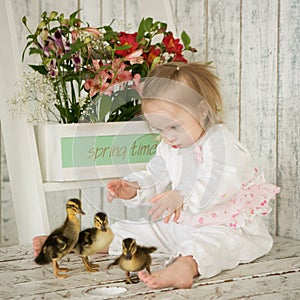Portrait of a baby girl with Down syndrome with ducklings