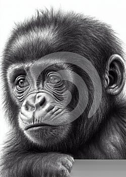 Portrait of a baby gorilla, pencil drawing, black and white digital illustration, of an ape, monkey