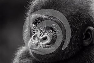 Portrait of a baby gorilla, pencil drawing, black and white digital illustration, of an ape, monkey