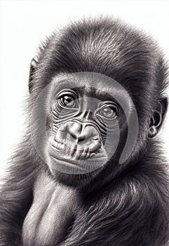 Portrait of a baby gorilla, pencil drawing, black and white digital illustration, of an ape, monkey