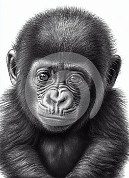 Portrait of a baby gorilla, pencil drawing, black and white digital illustration, of an ape, monkey