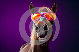 portrait background fun horse animal funny nature colourful smile sunglasses goggles. Generative AI.