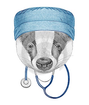 Portrait of Badger with doctor cap and stethoscope. Hand-drawn illustration.