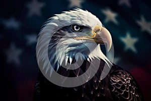 Portrait of Bald Eagle bird in front of blurry American flag in background . Generative AI
