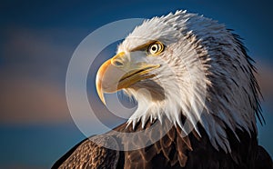 Portrait of a bald eagle, side view with blurred blue sky background in morning generative AI