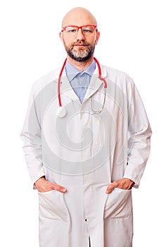 Portrait of bald slim doctor wearing white uniform, blue shirt, red stethoscope and glasses on white background.