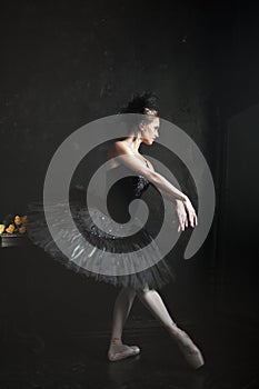 Portrait of the ballerina in ballet tatu on black