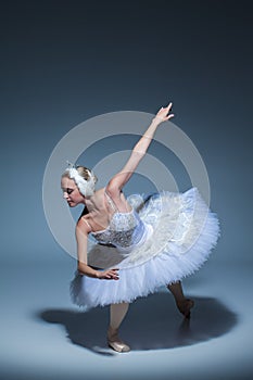 Portrait of the ballerina in ballet tatu on blue