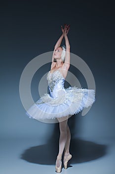 Portrait of the ballerina in ballet tatu on blue background