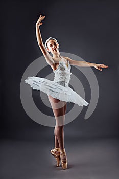 Portrait of the ballerina in the role of a white swan on grey background. Beautiful, attractive, young, graceful girl