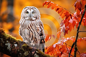 Portrait of a barred owl Strix nebulosa in autumn forest, Autumn in nature with owl. Ural Owl, Strix uralensis, sitting on tree