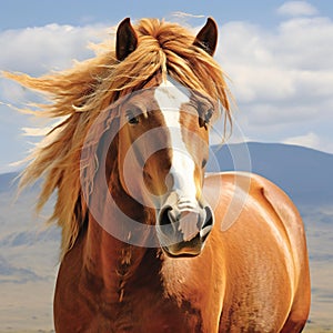 Portrait of a bay horse with long mane on the background of mountains