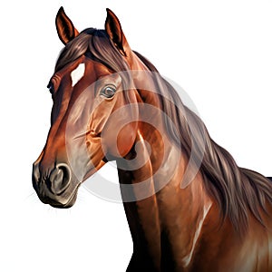 Portrait of a bay horse with long mane on white background