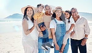 Portrait, beach and black family bonding in nature outdoor together on vacation during summer. Happy, smile or love with