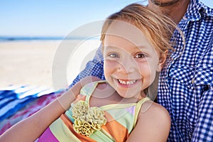 Portrait, beach and father with girl, smile and relax with happiness and family with vacation. Face, single parent and