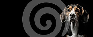 Portrait of a Beagle dog isolated on black background banner with copy space