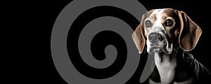 Portrait of a Beagle dog isolated on black background banner with copy space