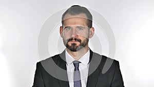 Portrait of beard businessman shaking head to reject, deny