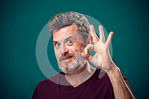 A portrait of bearded happy man showing okay gesture . People and emotions concept