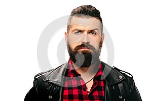 Portrait of bearded man in black leather jacket isolated photo