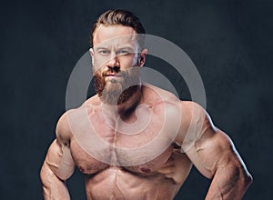 Portrait of bearded shirtless bodybuilder.