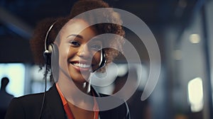 Portrait of beautiful african american customer support phone operator smiling. Generative AI