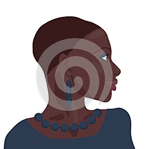 Portrait of beautiful african american girl. Young elegant black woman head profile bust with short hair, blue feather