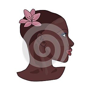 Portrait of beautiful african american girl. Young elegant black woman head profile with short hair, make up and pink