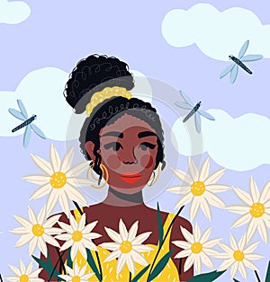 Portrait of a beautiful African American woman in a field of flowers, modern flat style. Pretty Girl. Vector