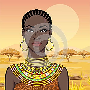 Portrait of the beautiful African woman in ancient clothes and jewelry.