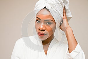 Portrait of beautiful African woman after bathing.