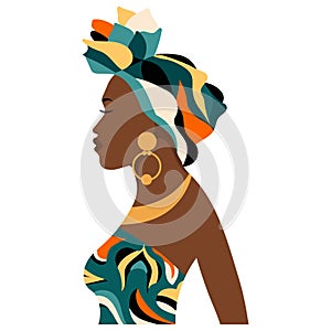 Portrait of a beautiful African woman in profile in a national headdress, a turban. Illustration