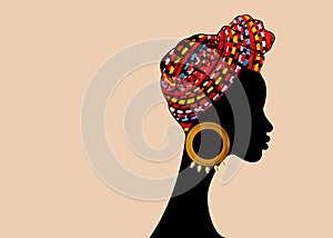Portrait beautiful African woman. Shenbolen Ankara Headwrap Women Afro Traditional Headtie Scarf Turban. Colorful Kente turban
