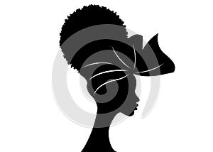 Portrait beautiful African woman in traditional turban and Afro frizzy curly hair, black women vector silhouette isolated , logo