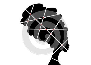 Portrait beautiful African woman in traditional turban, black women vector silhouette isolated , logo design hairstyle concept