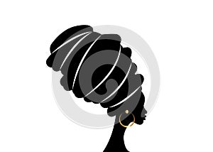 Portrait beautiful African woman in traditional turban, black women vector silhouette logo design hairstyle concept, vector sign
